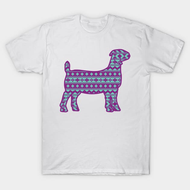 Livestock Show Boer Goat with Purple & Gree Southwest Aztec Pattern T-Shirt by SAMMO